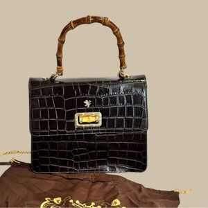 Pratesi Croc Embossed Leather Handbag •
Bamboo Handle • Chocolate Brown • NWT